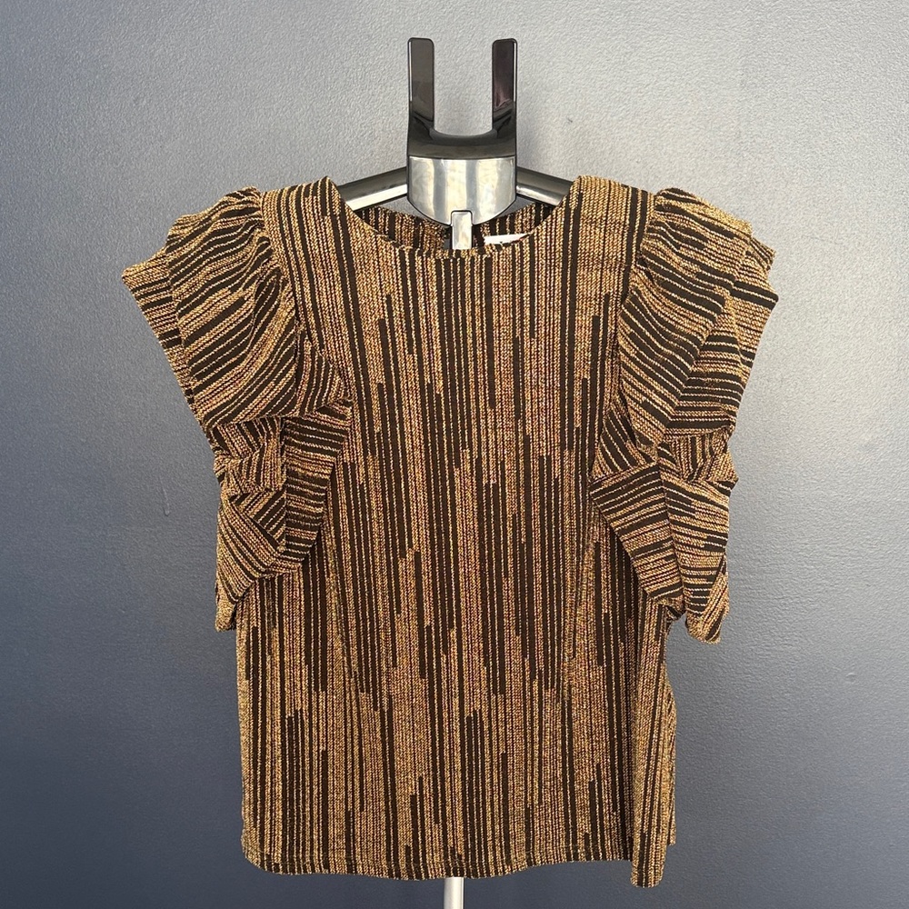 NWT THML Metallic Black and Gold Ruffle Sleeve Blouse